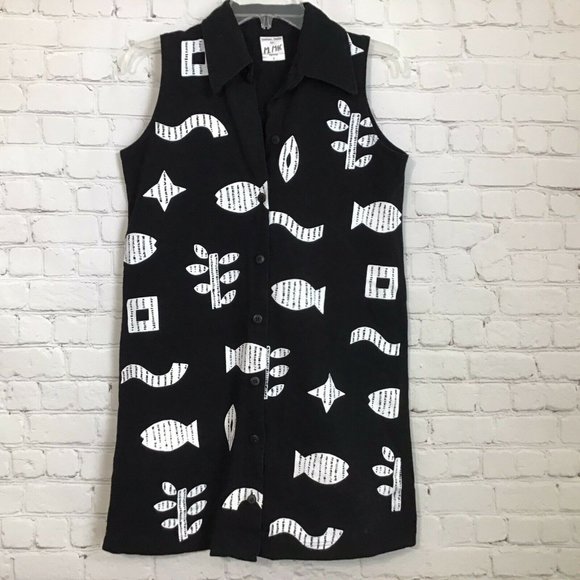 M Mac Fish Print Sleeveless Black Button Up Dress - Picture 1 of 4